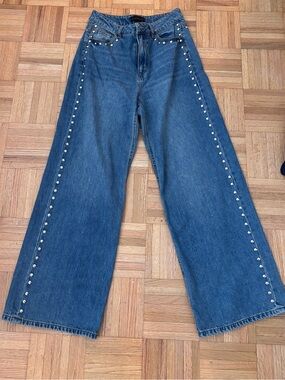 House of Harlow 1960 Denim Wide-Leg Jeans with Silver Stud Trim